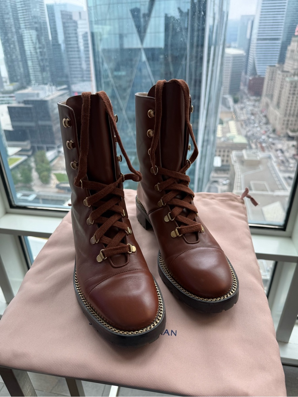 Stuart Weitzman Brown Leather Lace-Up Chain-Trim Ankle Boots